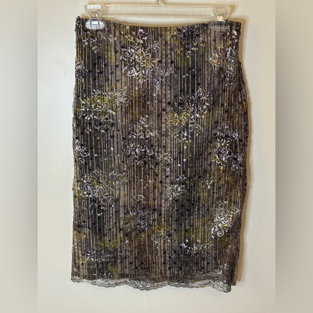 Peter Cohen Black Striped with Silver Lace Overlay Embellished Pencil Skirt